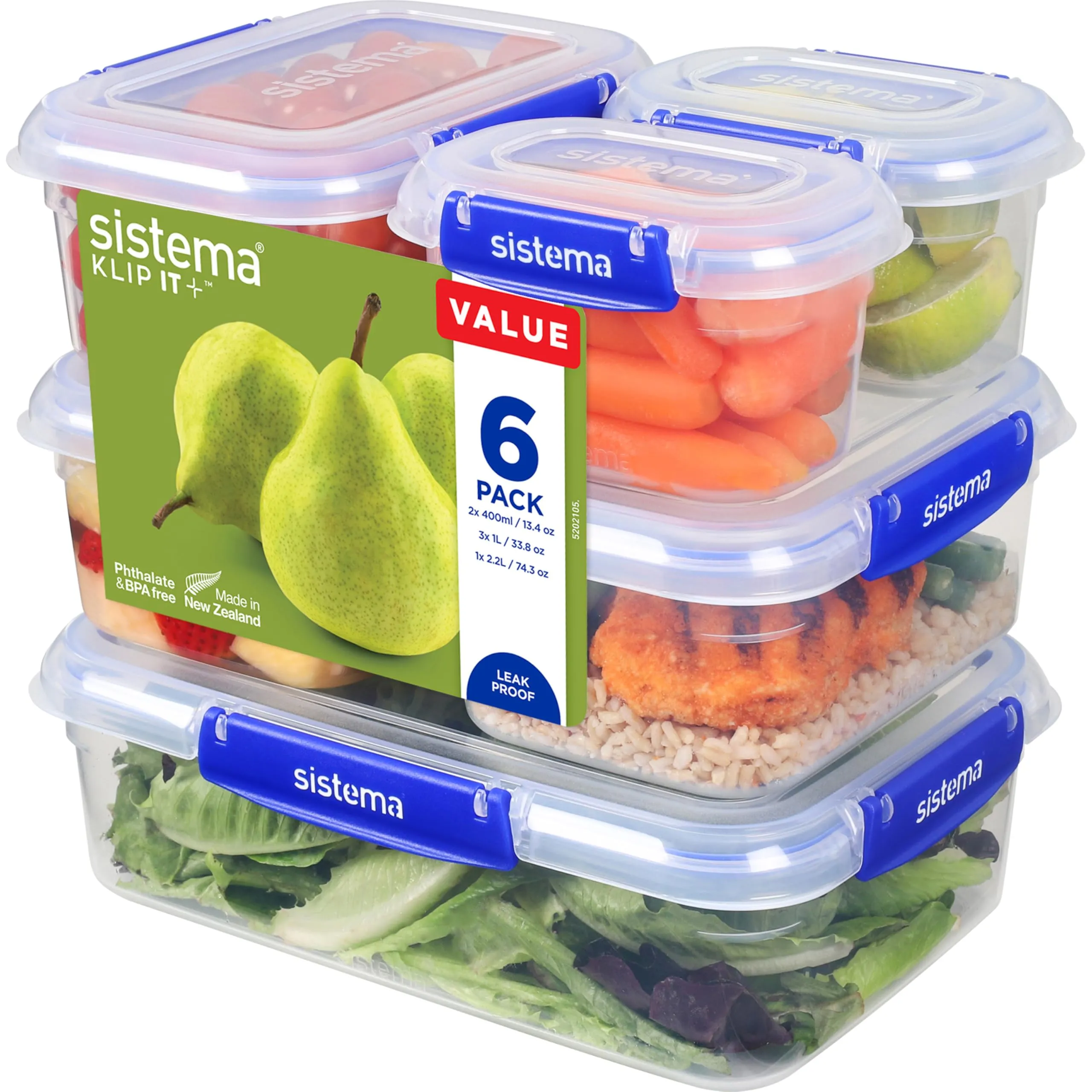 Sistema KLIP IT PLUS six-pack: stacked clear containers with blue clip lids holding salad, carrots and fruit, with a label reading 2 × 400 ml, 3 × 1 L, 1 × 2.2 L, made in New Zealand