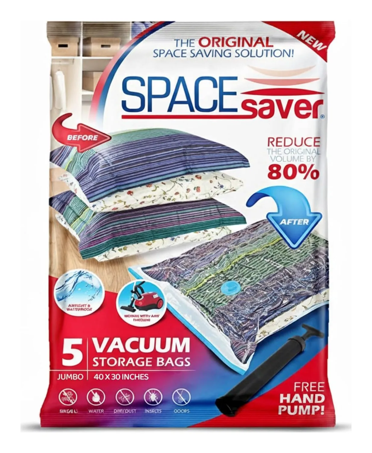 Spacesaver jumbo vacuum storage bags with a hand pump, one bag shown compressed with bedding inside