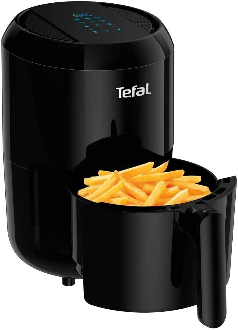 Tefal Easy Fry Compact EY3018 air fryer in black, basket pulled out and filled with chips