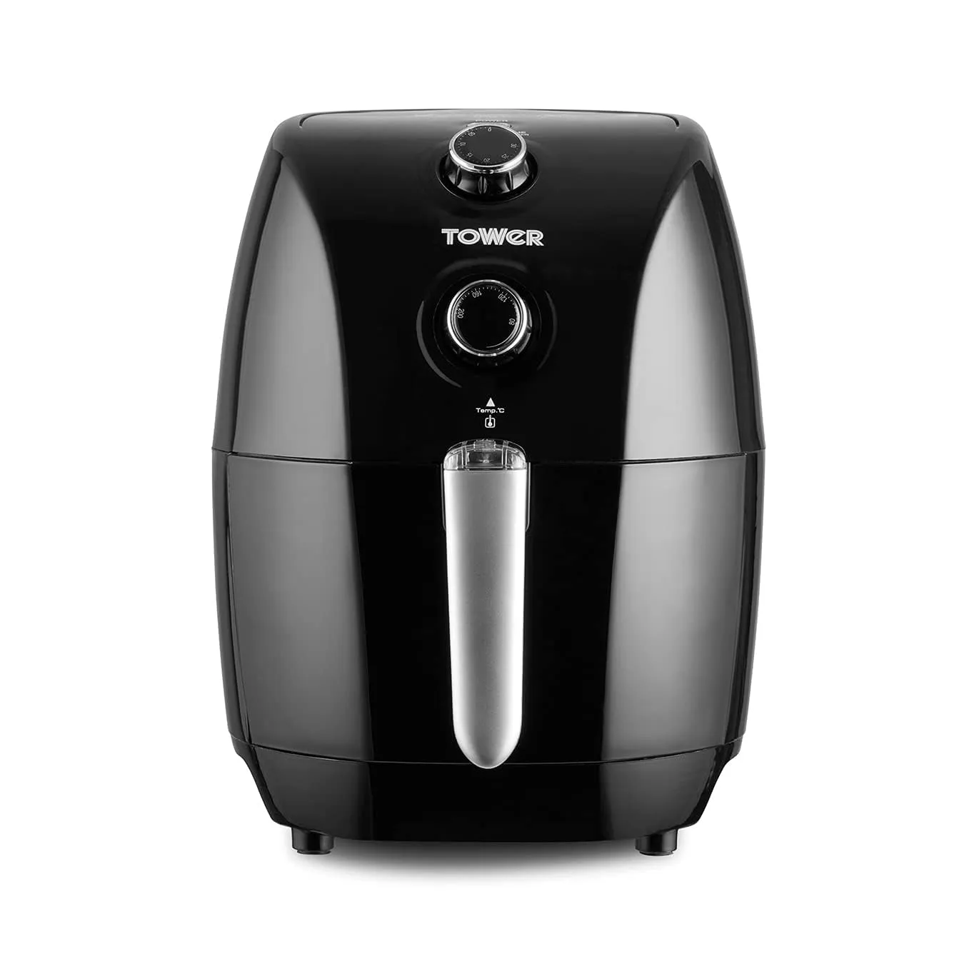 Tower Vortx Compact 1.5 L air fryer in black: a small rounded body with a temperature dial and a timer dial above the drawer handle