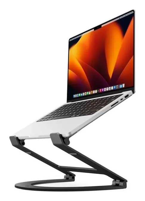 Twelve South Curve Flex in matte black raising a MacBook high on two folding arms above a curved base