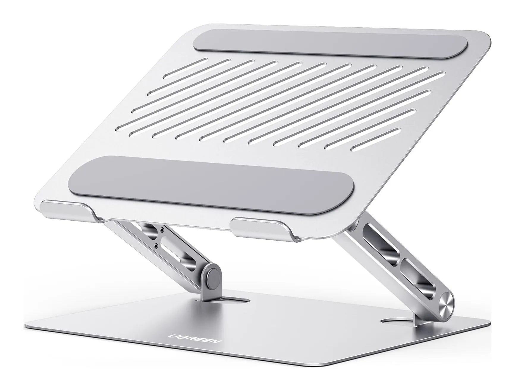UGREEN aluminium laptop riser in silver with a slotted, ventilated platform, two hinged arms and a flat base