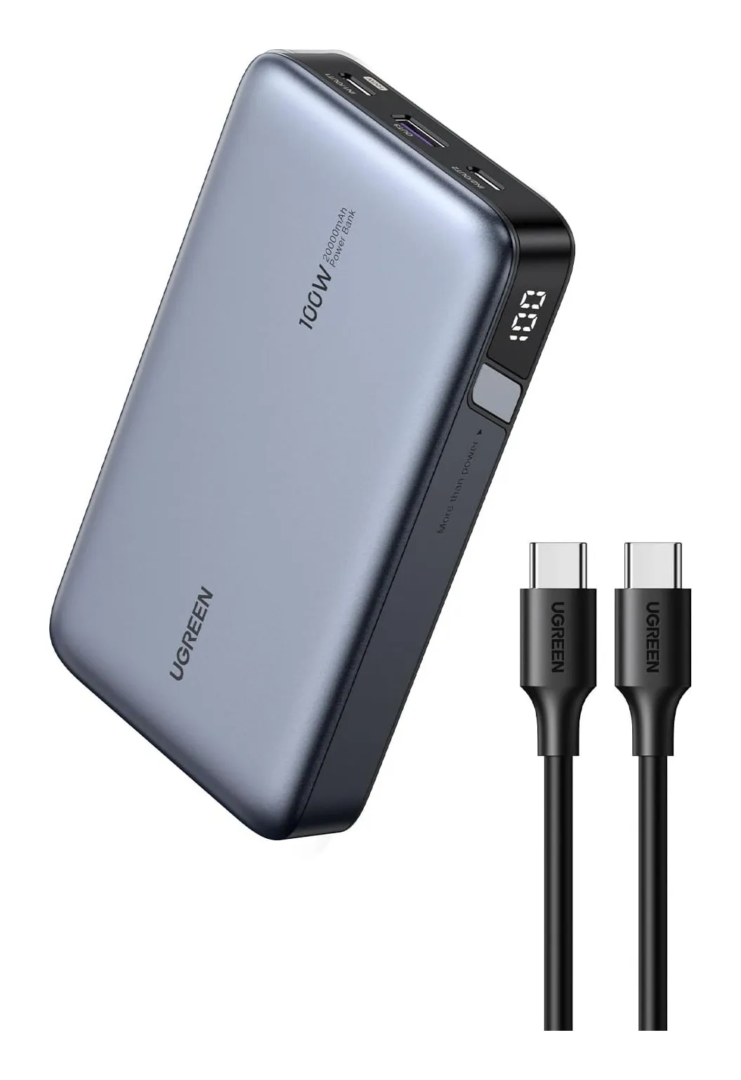 UGREEN Nexode 100 W 20,000 mAh power bank in grey with a digital percentage display, two USB-C ports and a USB-A port, beside a USB-C cable