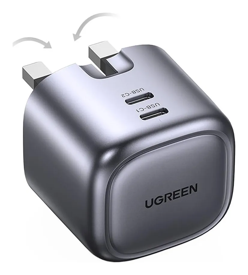 UGREEN Nexode 45 W charger: a grey cube with two USB-C ports on the face and folding UK pins shown with arrows